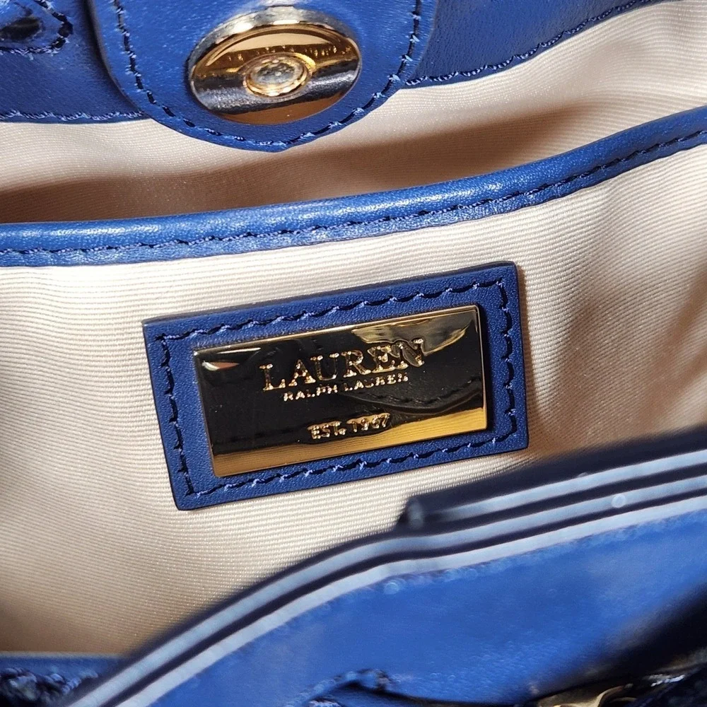 Lauren Ralph Lauren Denim Patchwork Andie Butterfly Bucket Bag Blue Gold NW $295